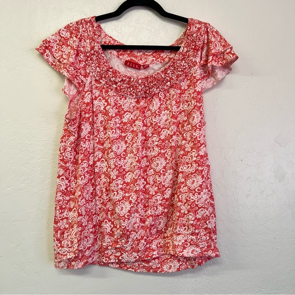 Elle‎ Orange White Flowy Flutter Sleeve Gathered Neckline Banded Blouse Sz L EUC - Picture 1 of 6